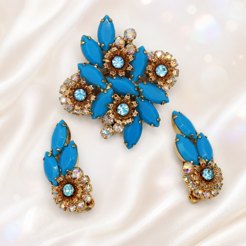 Vintage Juliana Turquoise Blue Rhinestone Filigree Brooch Earrings Set IIJJ#9392