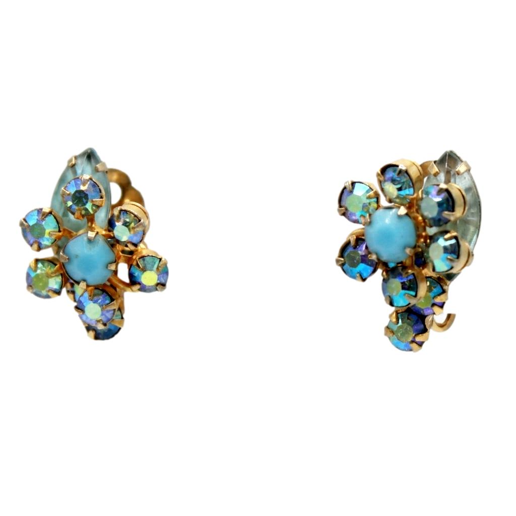 Vintage Juliana Turquoise Aqua Blue Rhinestone Flower Earrings IIJJ#9161