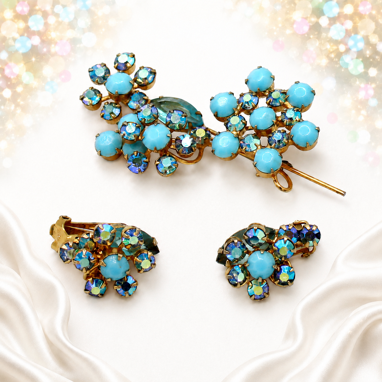 Vintage Juliana Figural Aqua Turquoise Rhinestone Brooch Earrings Set IIJJ#2610