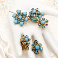 Vintage Juliana Figural Aqua Turquoise Rhinestone Brooch Earrings Set IIJJ#2610
