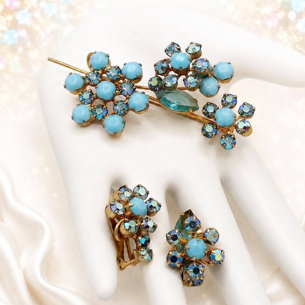 Vintage Juliana Figural Aqua Turquoise Rhinestone Brooch Earrings Set IIJJ#2610