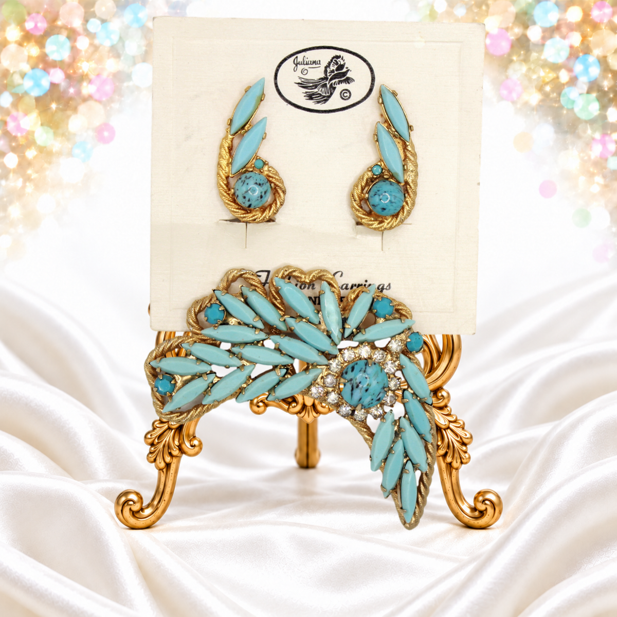 Vintage Juliana NOS Turquoise Navette Rhinestone Brooch Earrings Set IIJJ#9712