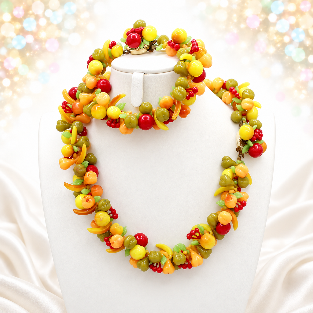 Vintage Austria Tutti Frutti Fruit Salad Necklace Bracelet Set