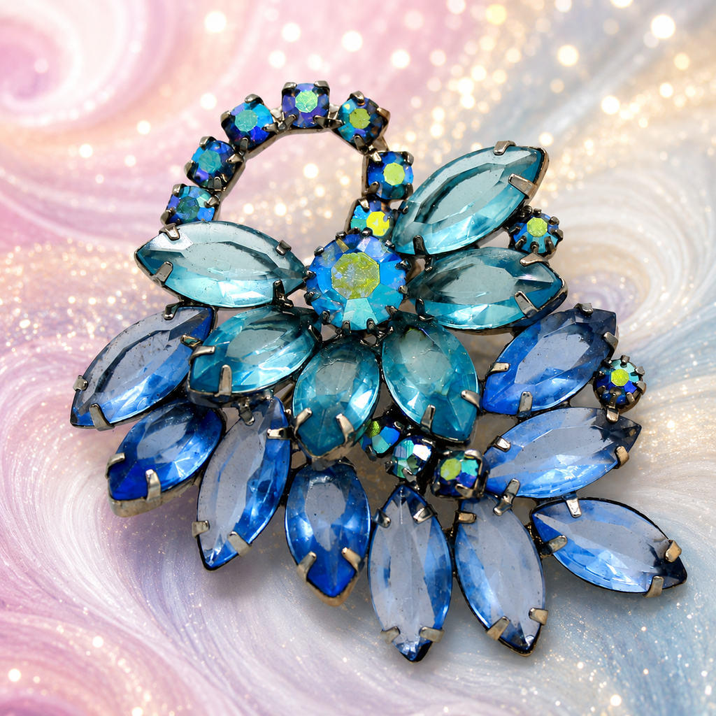 Vintage Juliana Two Tone Blue Rhinestone Swirling Flower Brooch IIJJ #3895