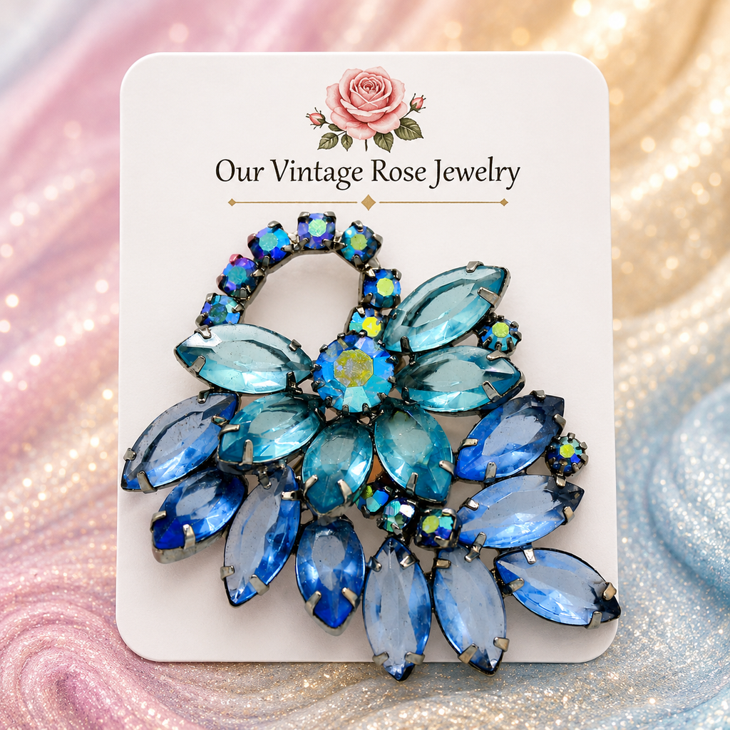 Vintage Juliana Two Tone Blue Rhinestone Swirling Flower Brooch IIJJ #3895