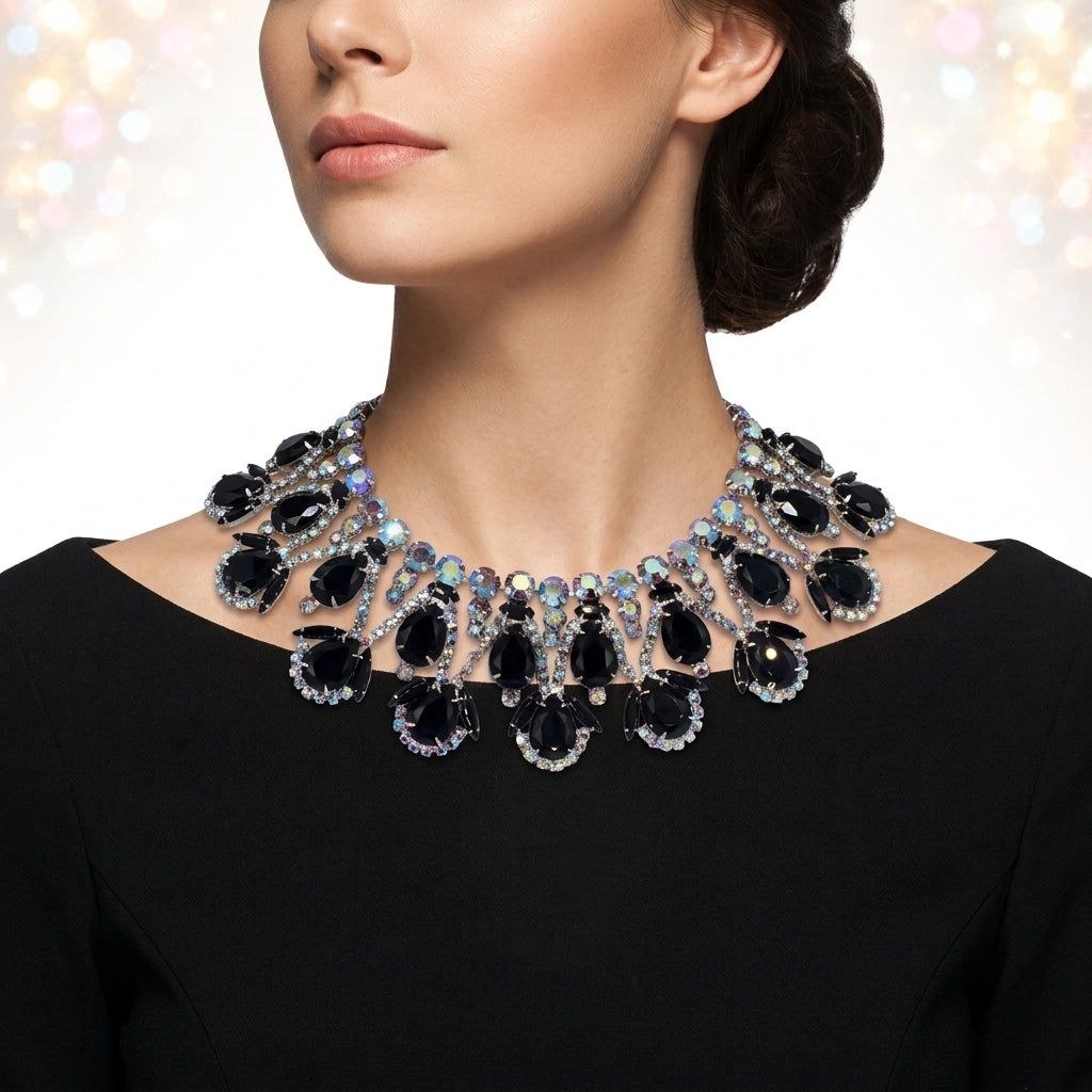 Vintage Juliana for Vendome Black AB Rhinestone Collar Necklace IIJJ#9647