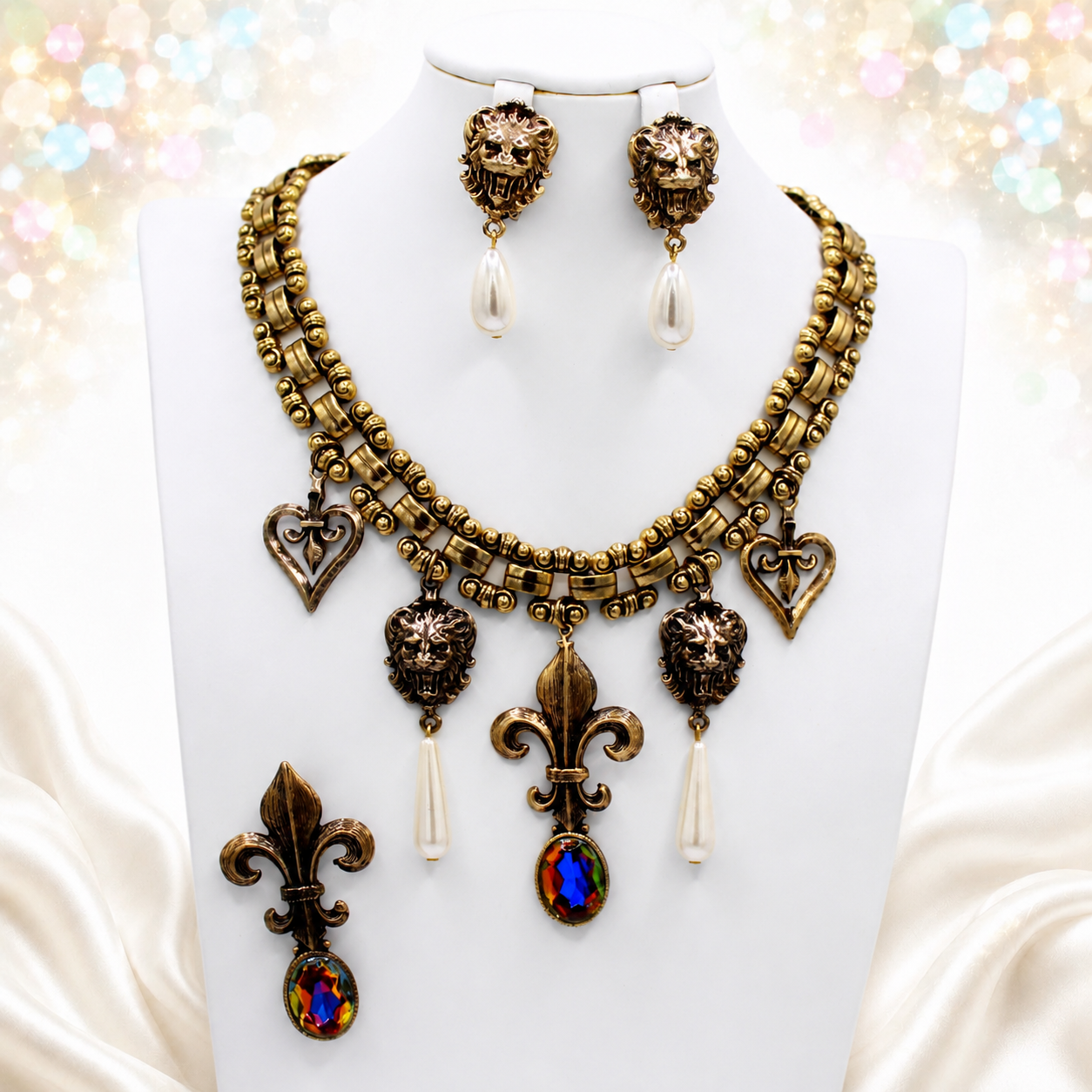 Vintage Juliana Lion Fleur de Lis Watermelon Rhinestone Necklace Brooch Earrings Set IIJJ#9381