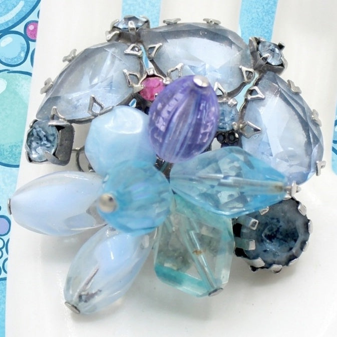 Vintage JULIANA Blue Rhinestone Fancy Bead Layered Cha-Cha Brooch IIJJ#141
