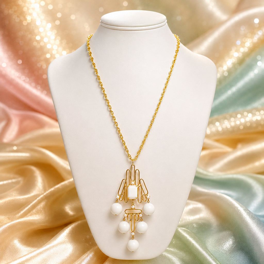 Vintage Juliana White Bead & Opaque Rhinestone Gold Tubing Pendant Necklace IIJJ#9293