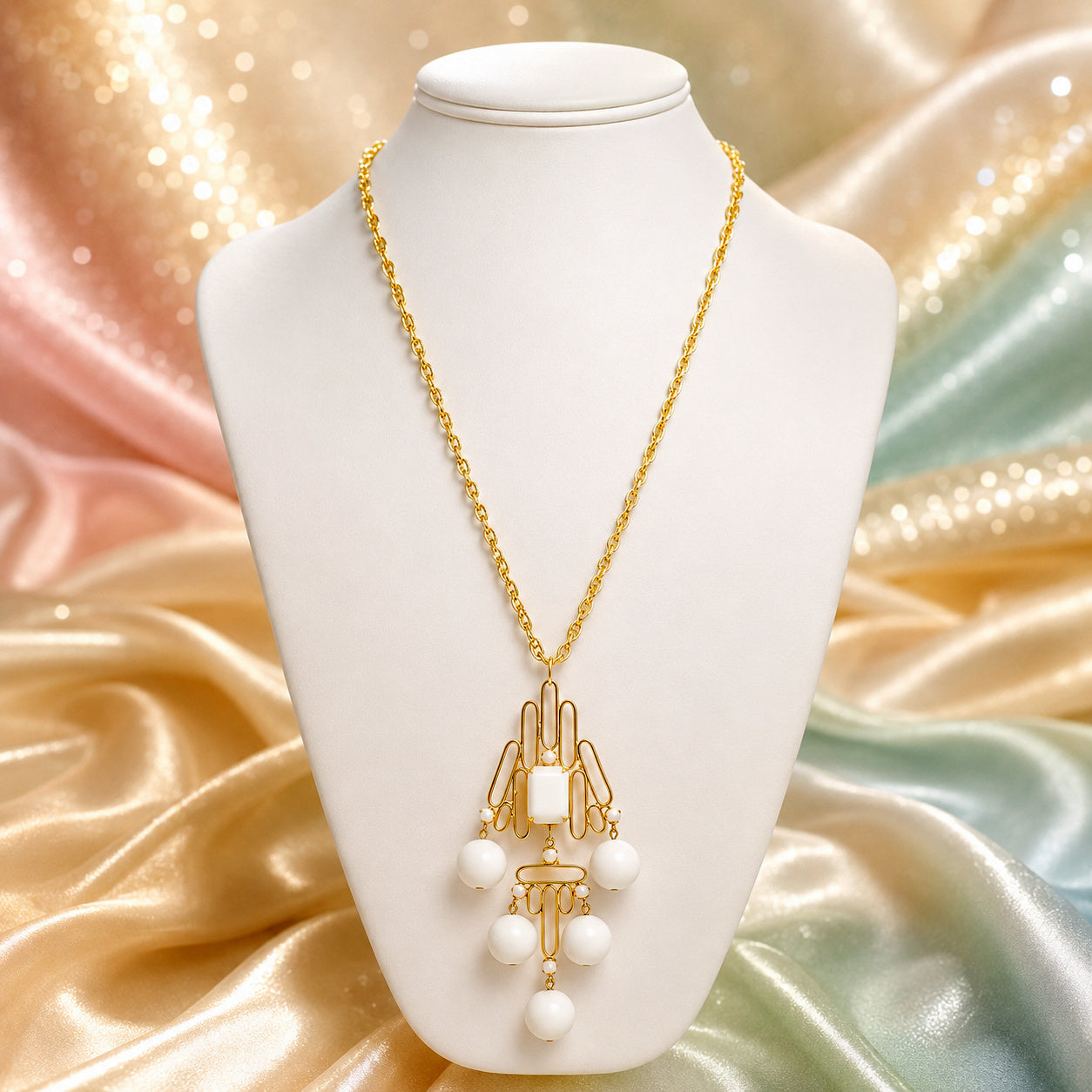 Vintage Juliana White Bead & Opaque Rhinestone Gold Tubing Pendant Necklace IIJJ#9293