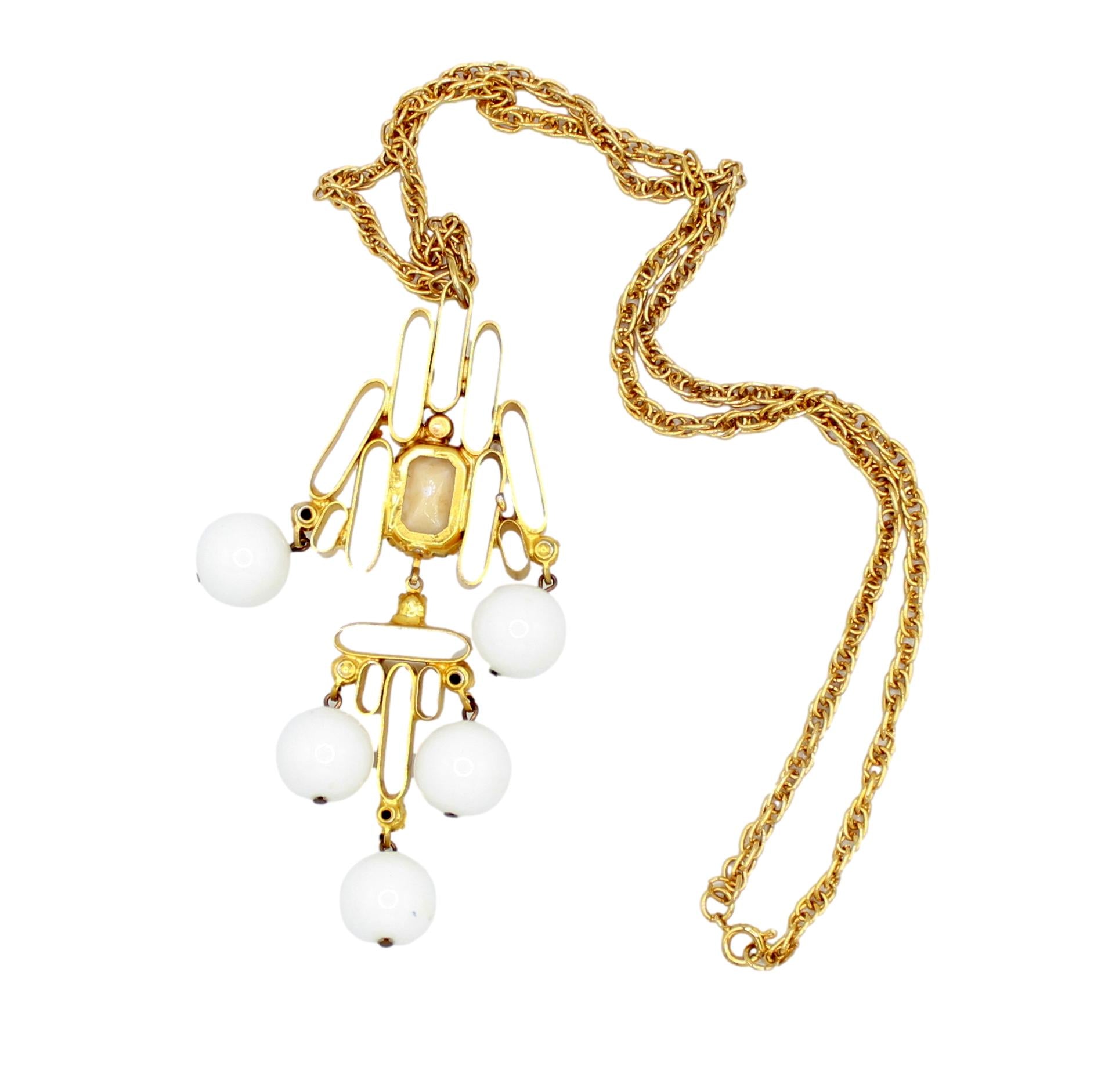 Vintage Juliana White Bead & Opaque Rhinestone Gold Tubing Pendant Necklace IIJJ#9293