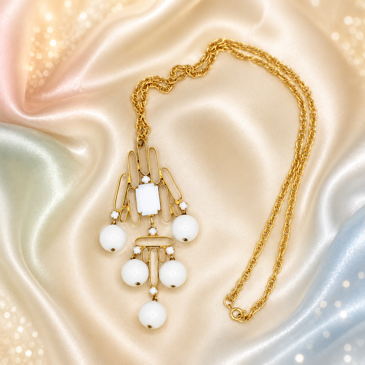 Vintage Juliana White Bead & Opaque Rhinestone Gold Tubing Pendant Necklace IIJJ#9293