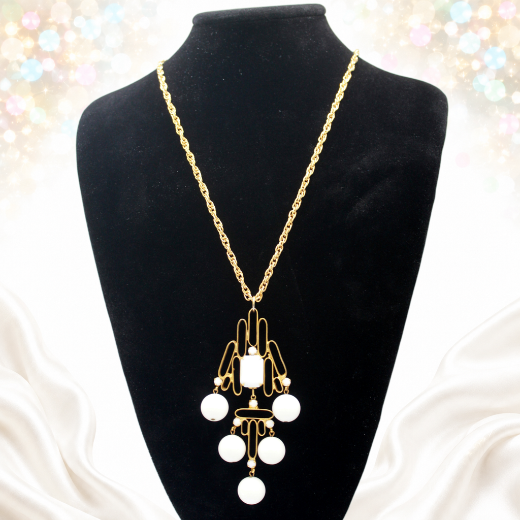 Vintage Juliana White Bead & Opaque Rhinestone Gold Tubing Pendant Necklace IIJJ#9293