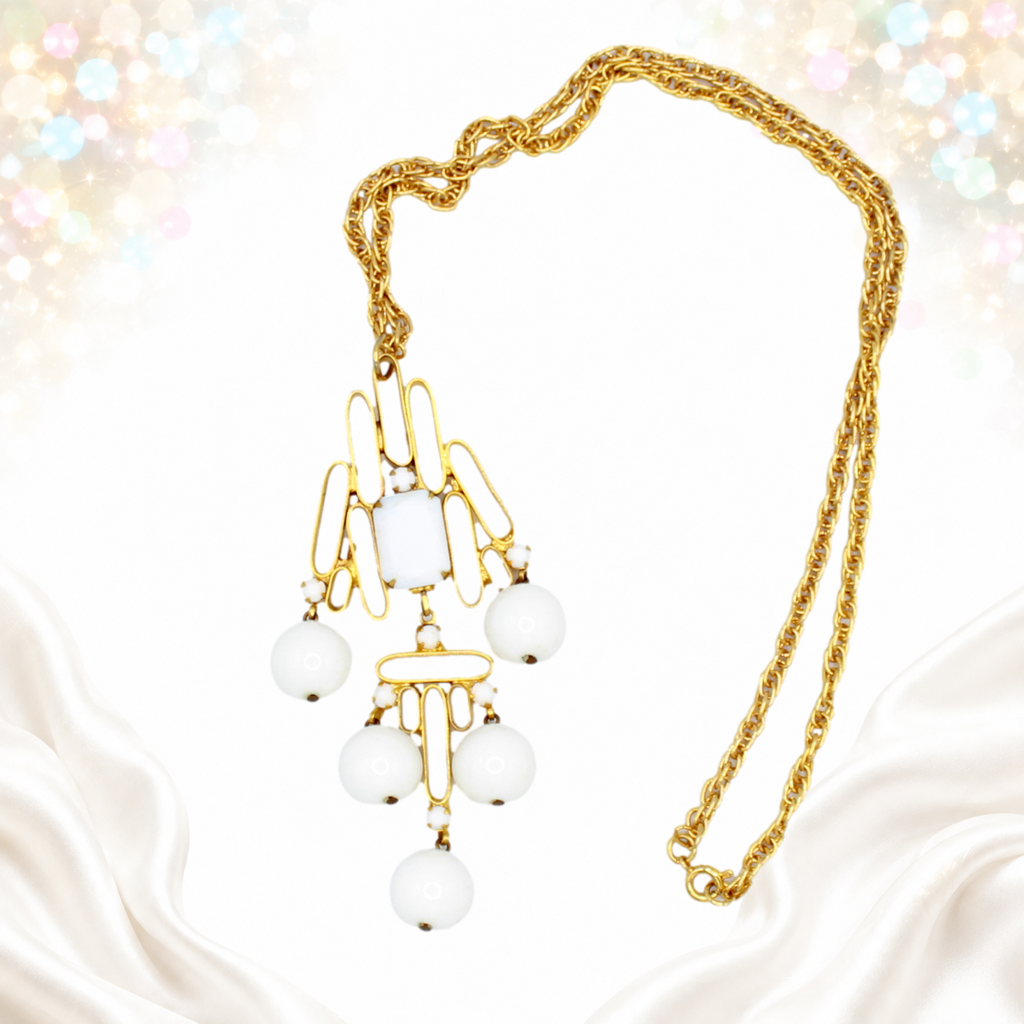 Vintage Juliana White Bead & Opaque Rhinestone Gold Tubing Pendant Necklace IIJJ#9293