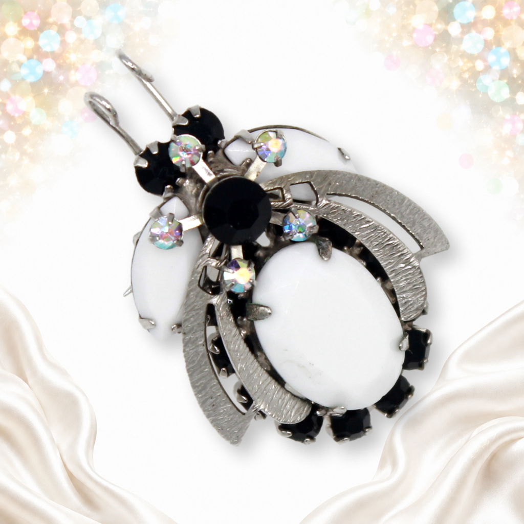 Juliana black and white rhinestone beetle brooch with textured silver-tone wings, IIJJ9530