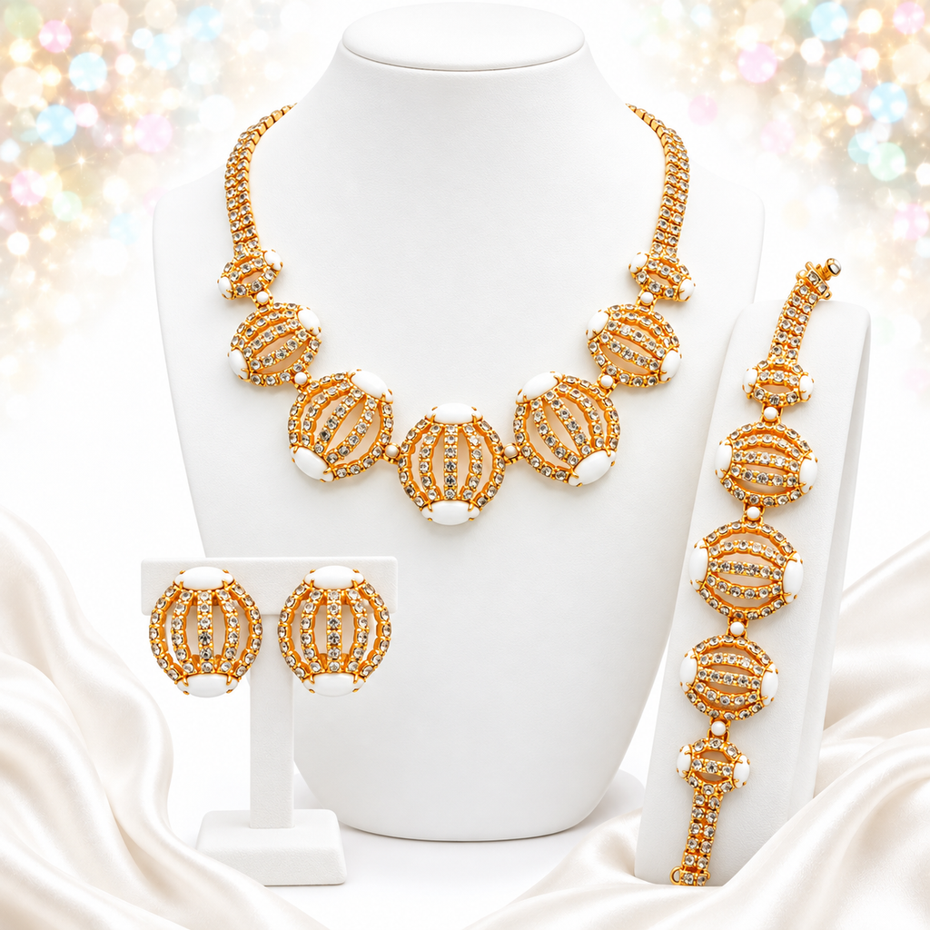 Vintage Clear Rhinestone White Milk Glass Caged Necklace Bracelet Earrings Set