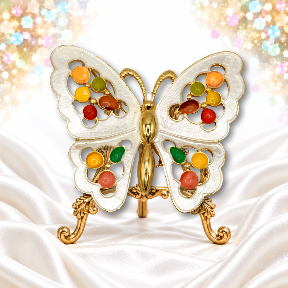Vintage Juliana White Enamel Multicolor Epoxy Dot Figural Butterfly Brooch Pendant Book Piece IIJJ#4553
