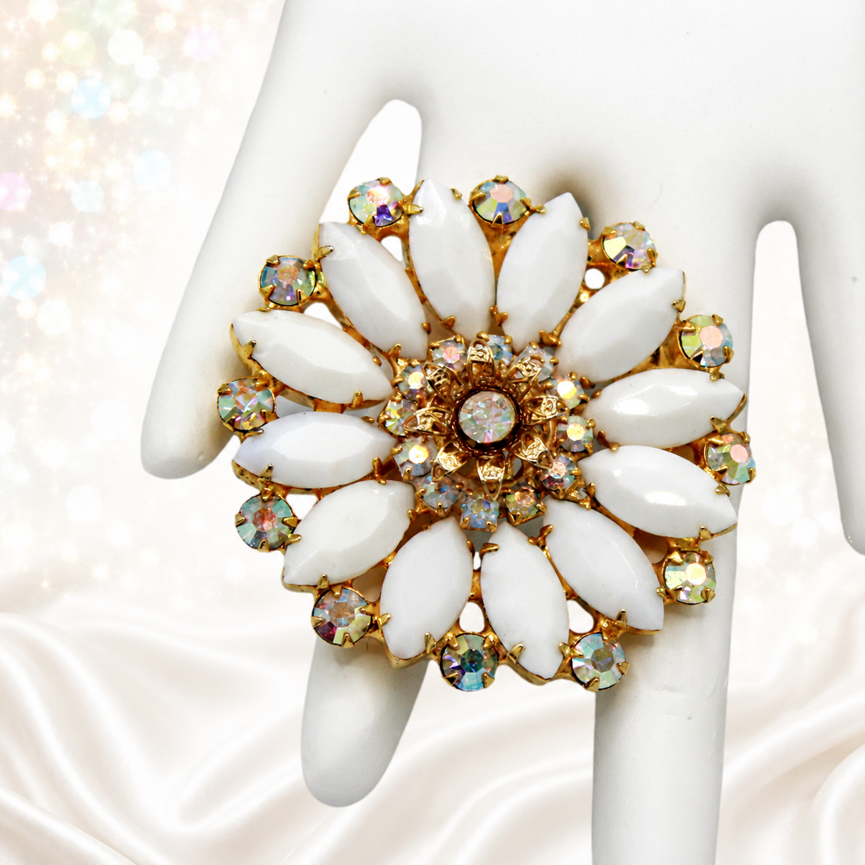 Vintage Juliana White Milk Glass AB Rhinestone Flower Brooch IIJJ#9348