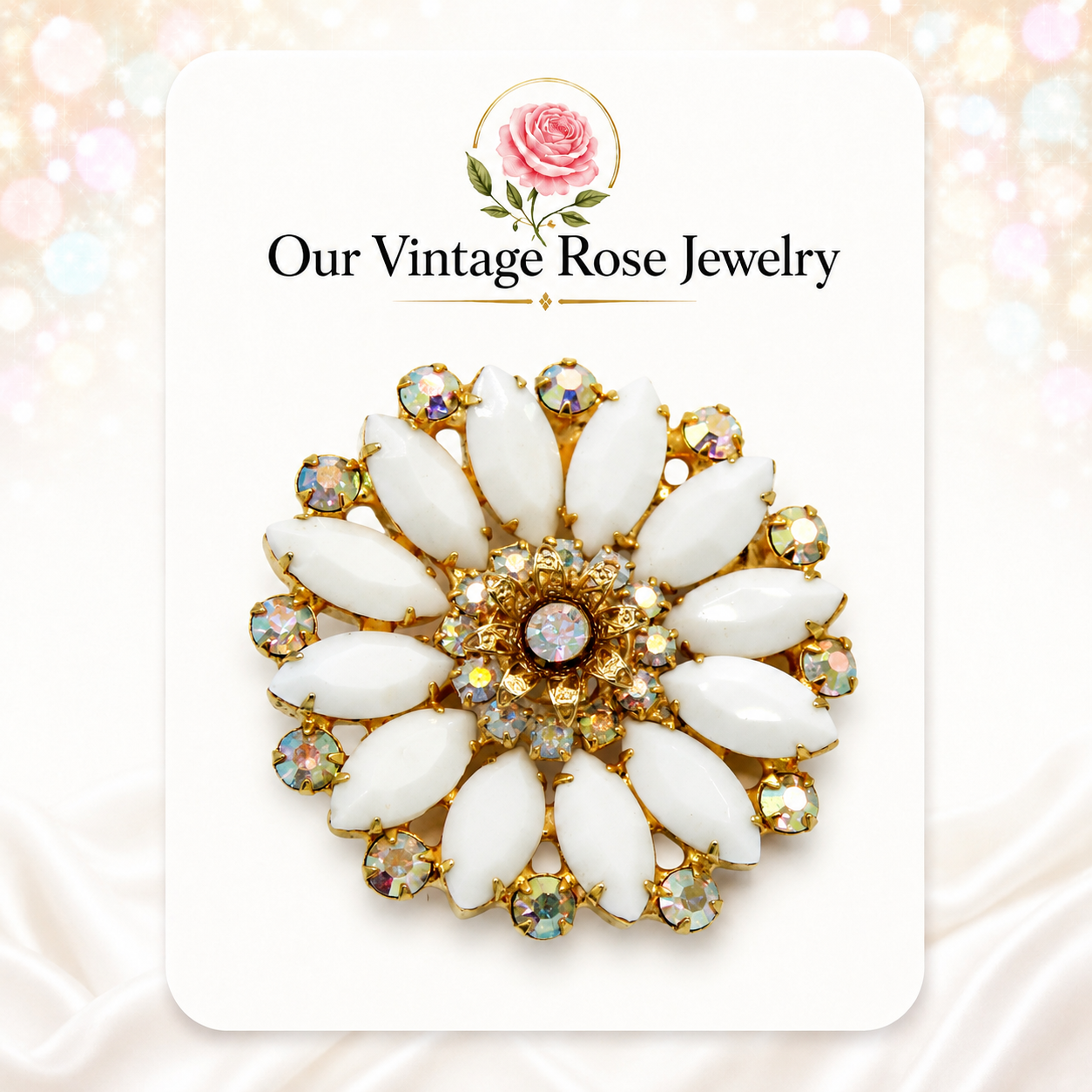 Vintage Juliana White Milk Glass AB Rhinestone Flower Brooch IIJJ#9348
