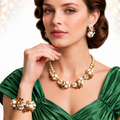Hattie Carnegie Art Glass Painted Leaf Rhinestone Necklace Bracelet Earrings Set