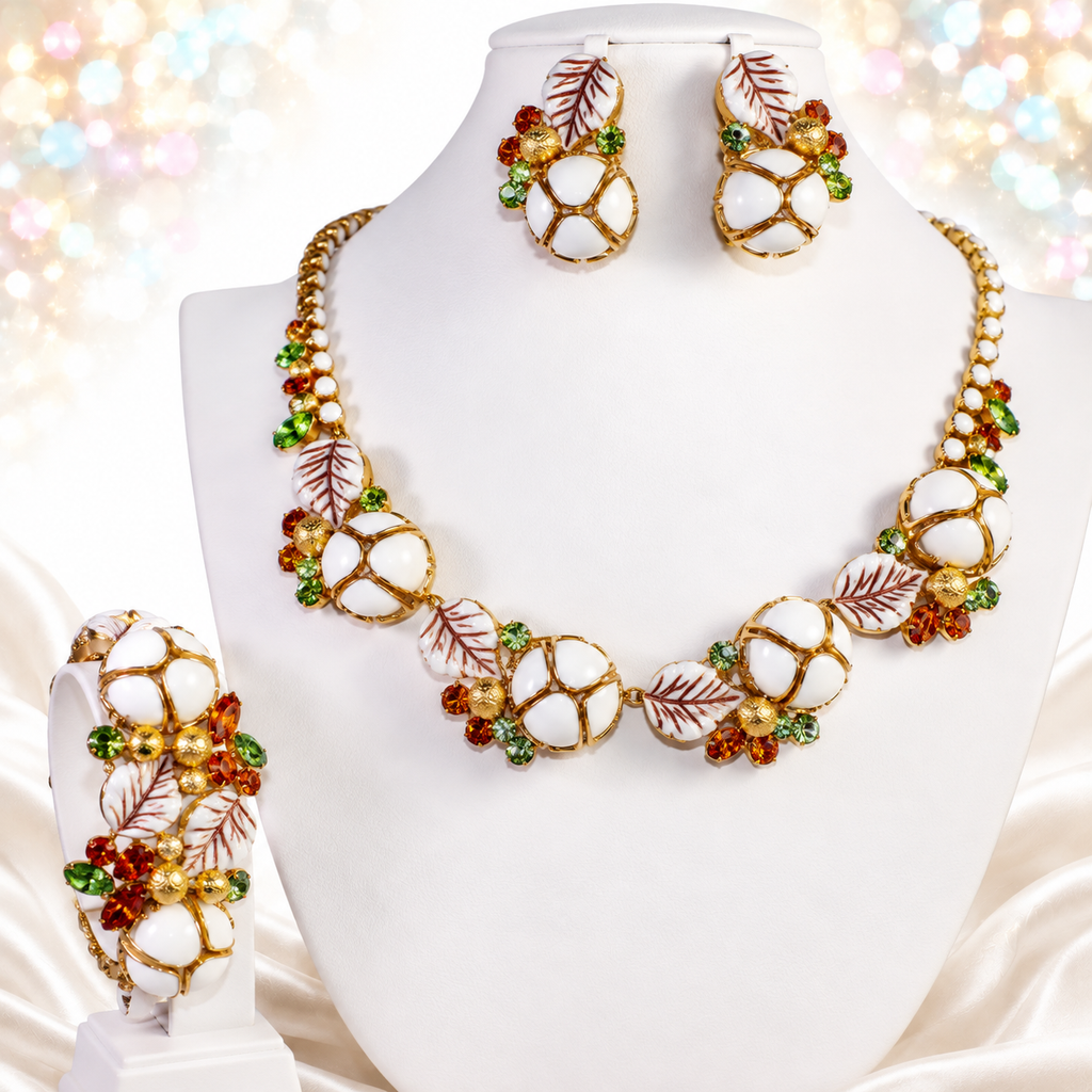 Hattie Carnegie Art Glass Painted Leaf Rhinestone Necklace Bracelet Earrings Set