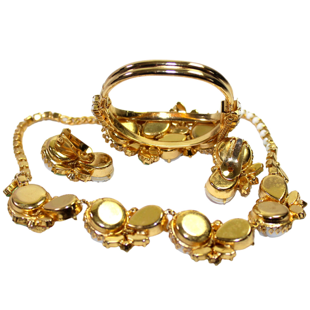 Hattie Carnegie Art Glass Painted Leaf Rhinestone Necklace Bracelet Earrings Set