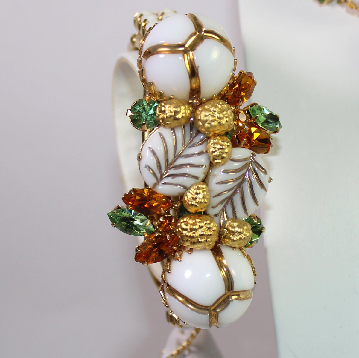 Hattie Carnegie Art Glass Painted Leaf Rhinestone Necklace Bracelet Earrings Set