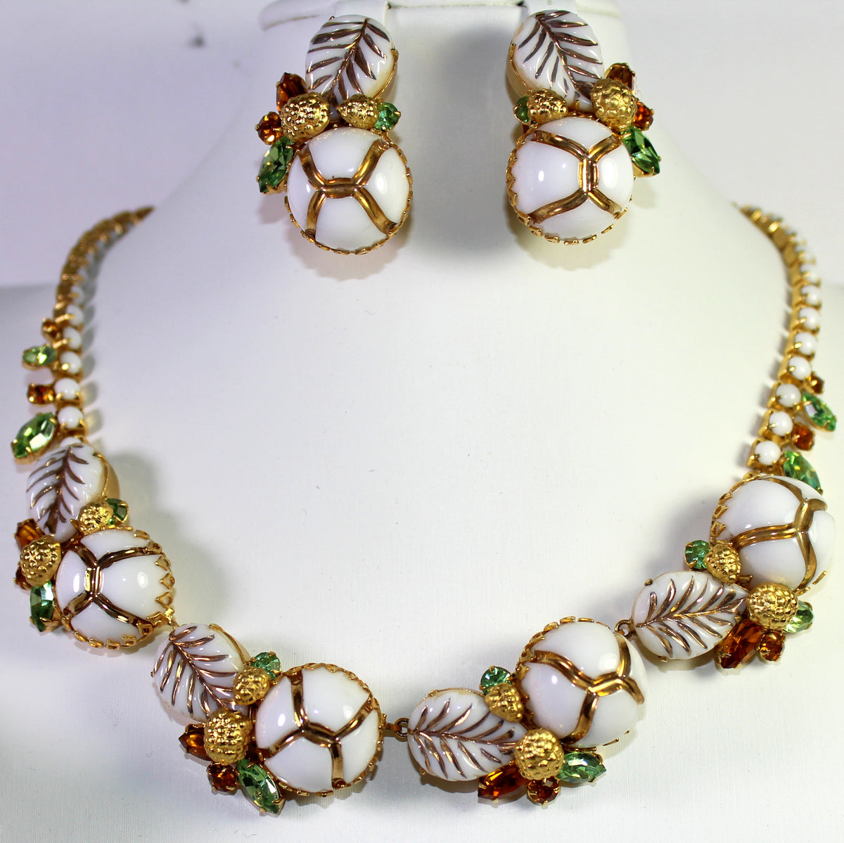 Hattie Carnegie Art Glass Painted Leaf Rhinestone Necklace Bracelet Earrings Set