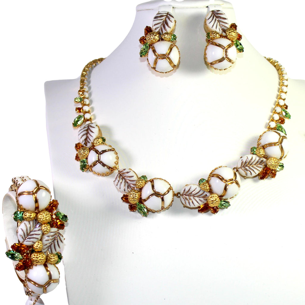 Hattie Carnegie Art Glass Painted Leaf Rhinestone Necklace Bracelet Earrings Set
