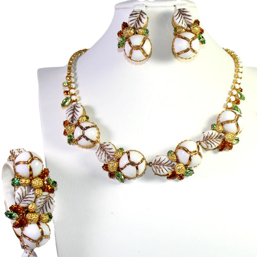 Hattie Carnegie Art Glass Painted Leaf Rhinestone Necklace Bracelet Earrings Set