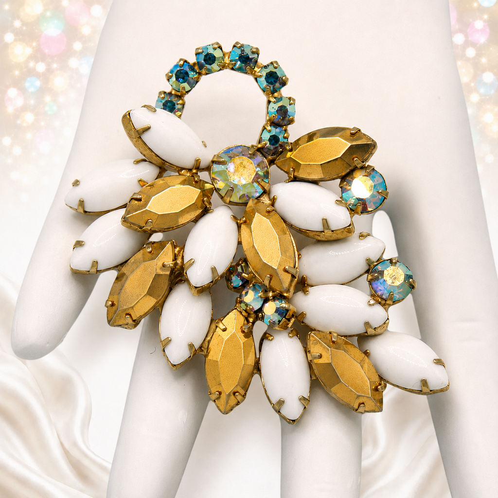 Vintage White Milk Glass Aurum Rhinestone Flower Brooch