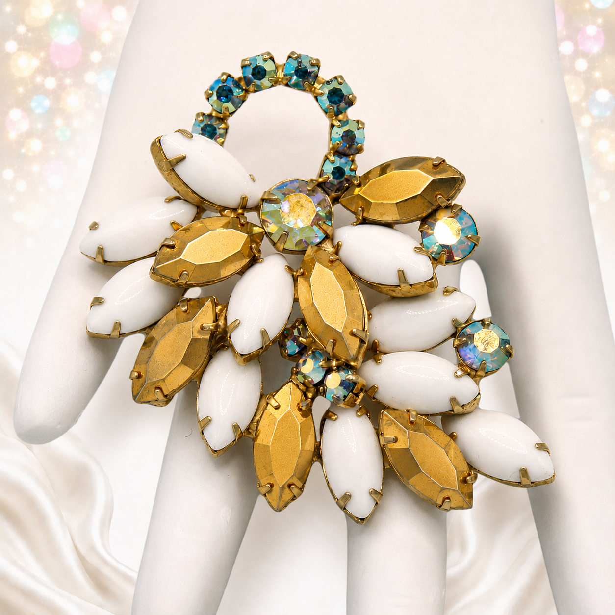 Vintage White Milk Glass Aurum Rhinestone Flower Brooch