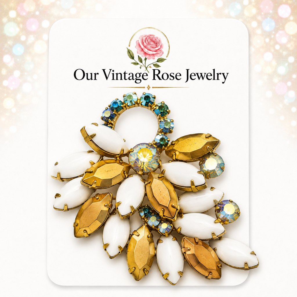 Vintage White Milk Glass Aurum Rhinestone Flower Brooch