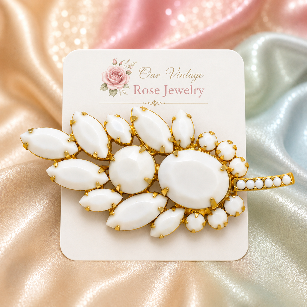 Vintage Juliana White Opaque Rhinestone Figural Leaf Brooch IIJJ#2614