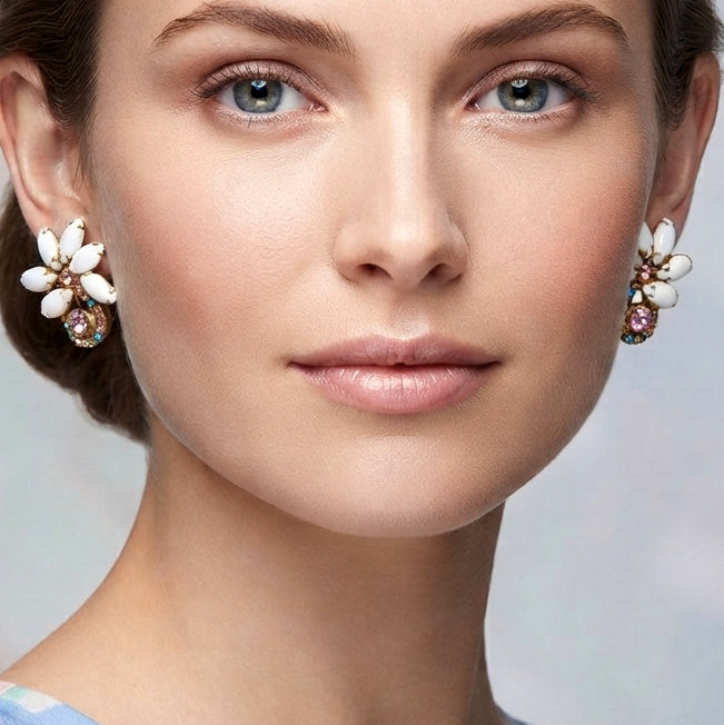 Vintage Juliana Pastel Rhinestone White Cabochon Clip Earrings Gold Tone IIJJ#9224