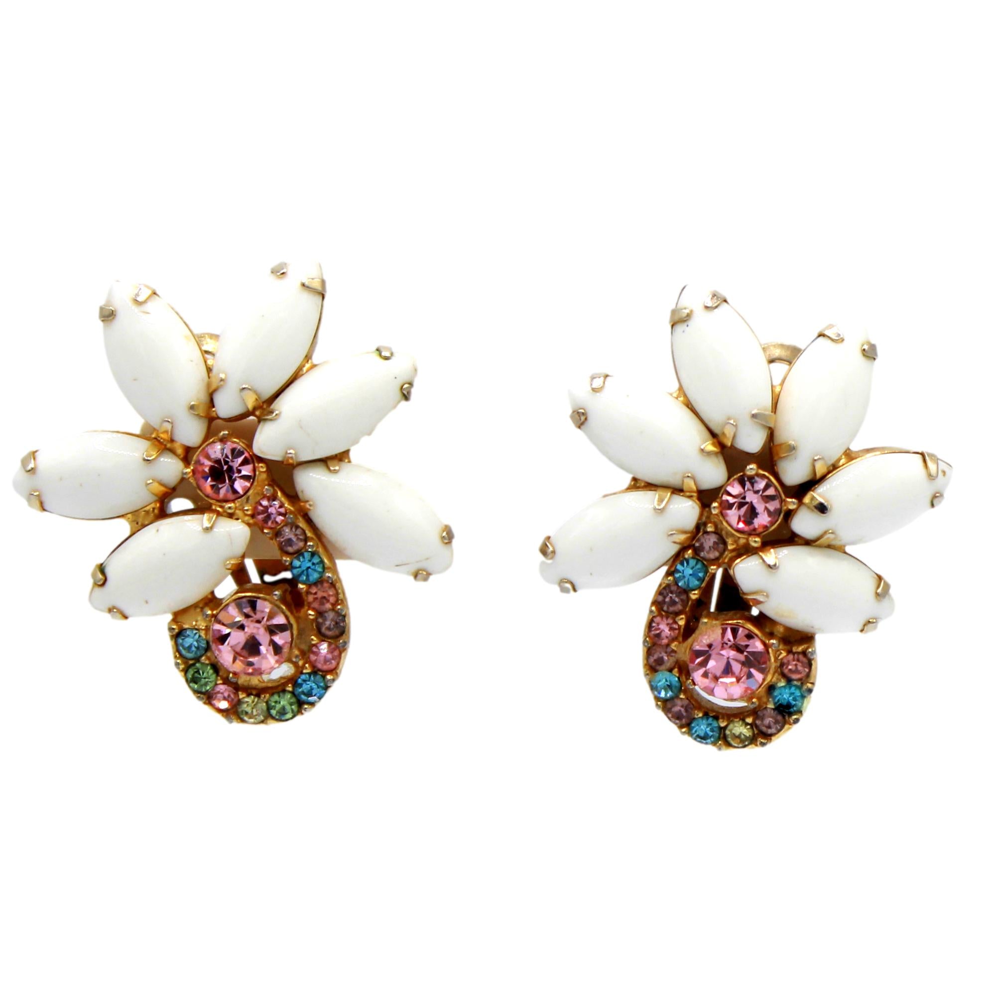 Vintage Juliana Pastel Rhinestone White Cabochon Clip Earrings Gold Tone IIJJ#9224