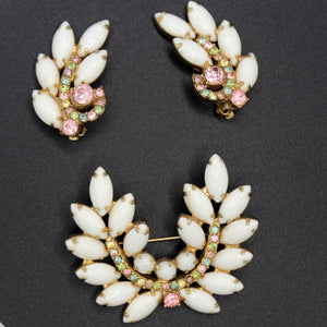 Vintage Juliana White Milk Glass Pastel Rhinestone Brooch Earrings Set IIJJ#9535