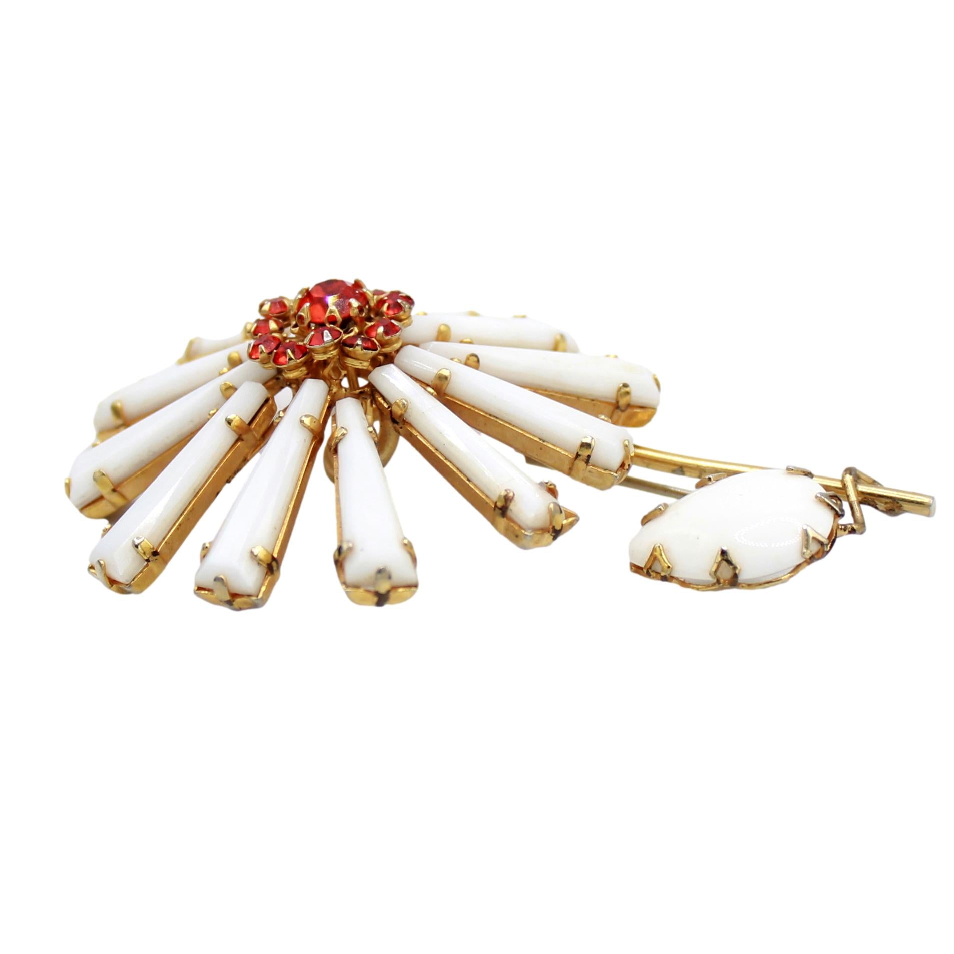 Vintage SCHREINER Figural Keystone White Ruffle Flower Figural Brooch Orange Flame Rhinestone