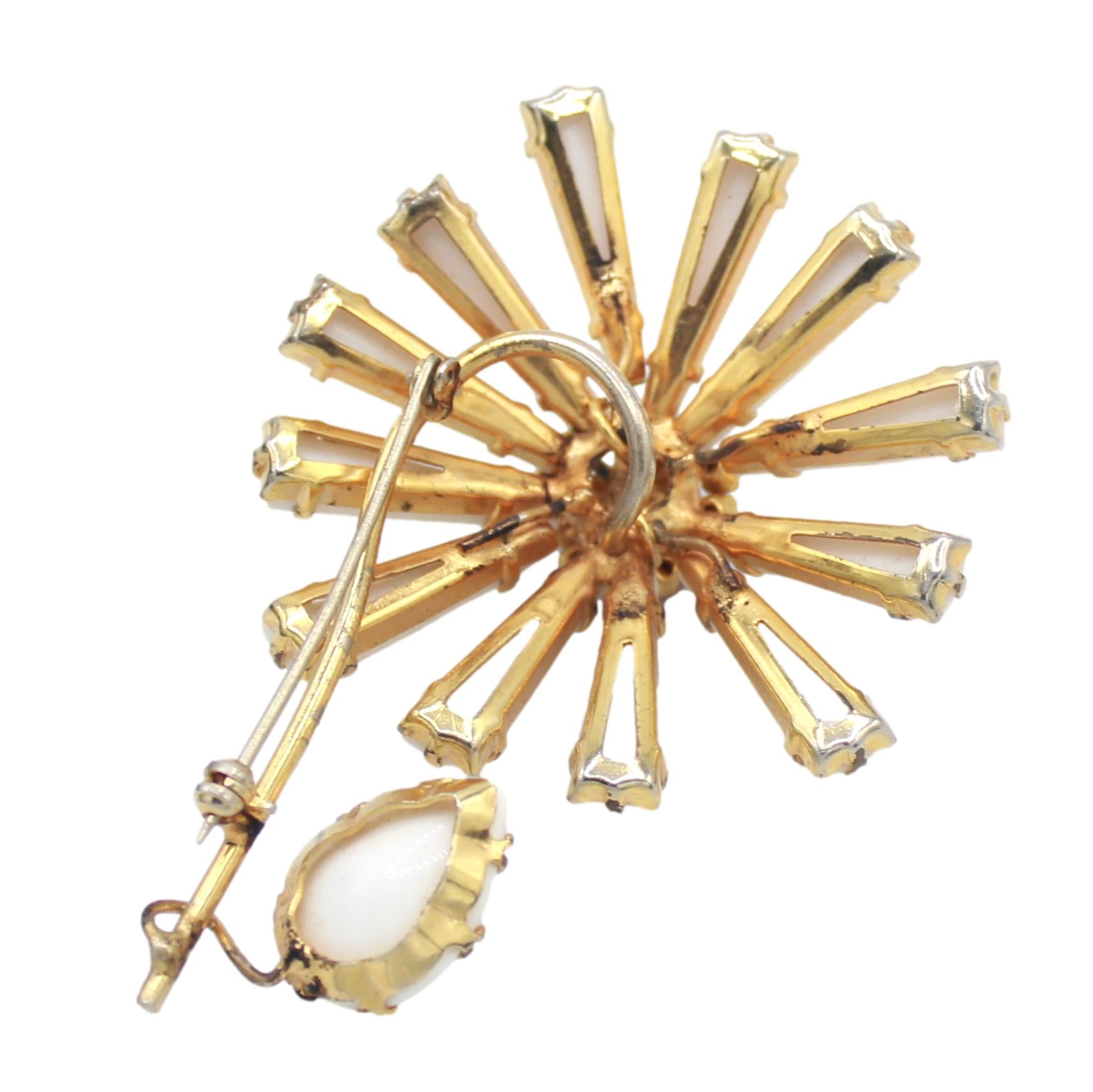 Vintage SCHREINER Figural Keystone White Ruffle Flower Figural Brooch Orange Flame Rhinestone