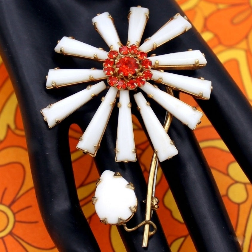 Vintage SCHREINER Figural Keystone White Ruffle Flower Figural Brooch Orange Flame Rhinestone