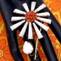Vintage SCHREINER Figural Keystone White Ruffle Flower Figural Brooch Orange Flame Rhinestone