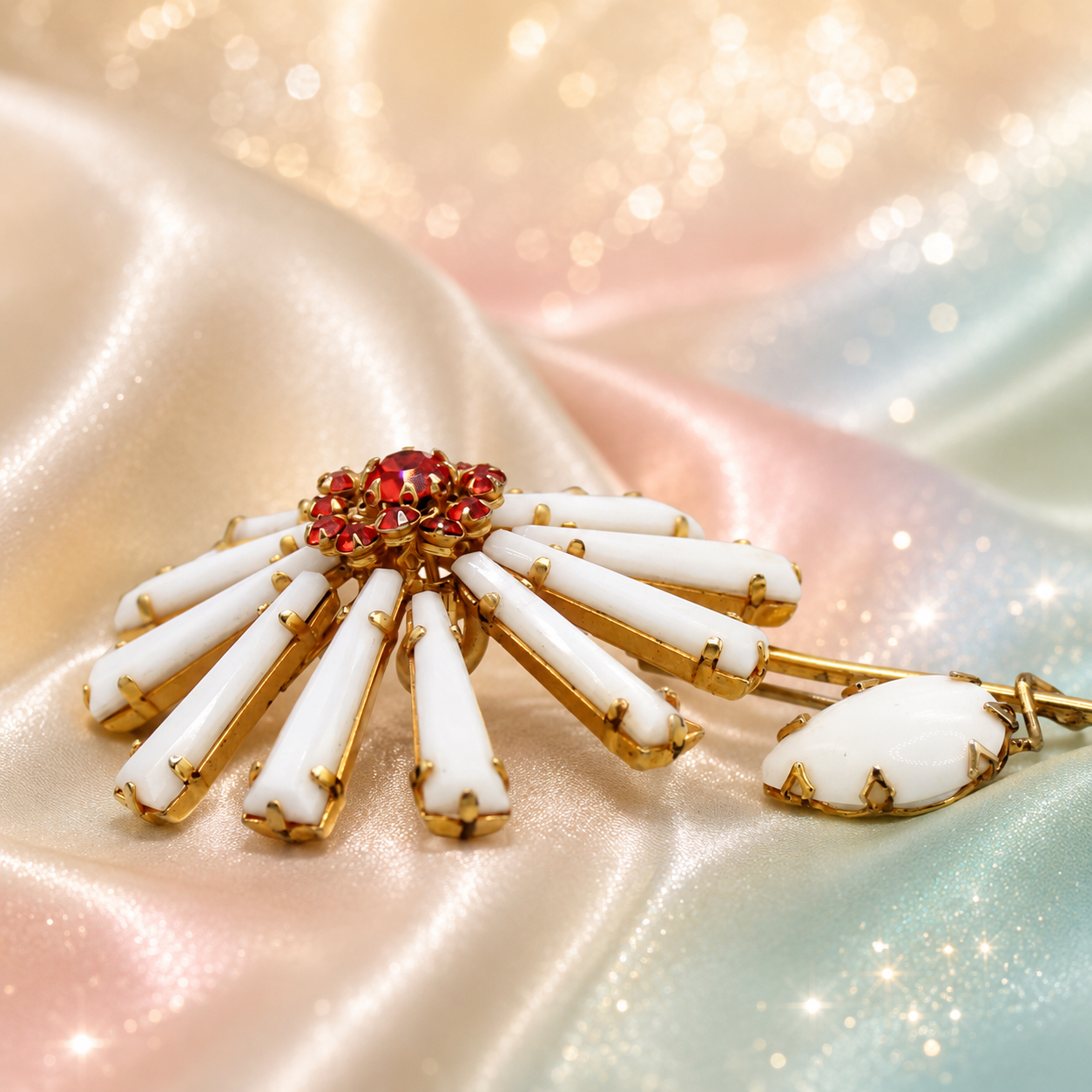 Vintage SCHREINER Figural Keystone White Ruffle Flower Figural Brooch Orange Flame Rhinestone