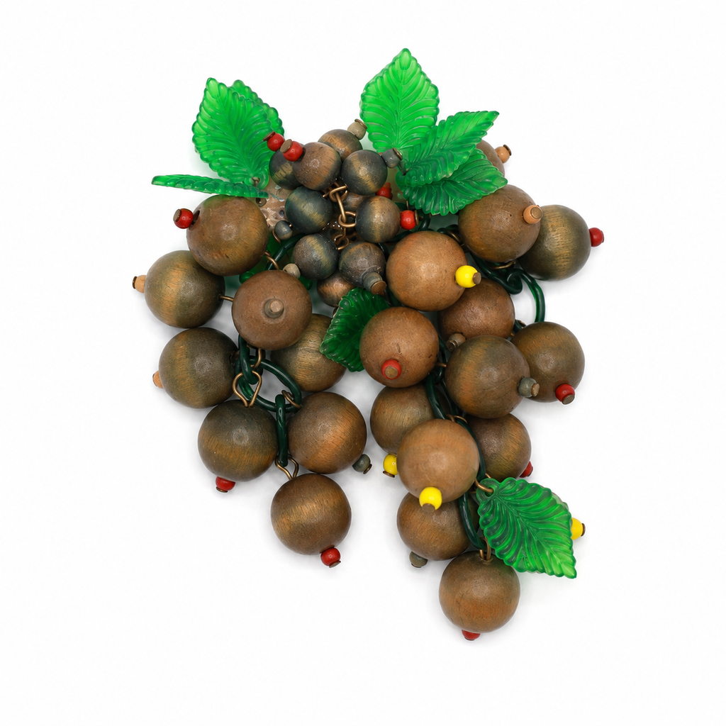Vintage Wood Berry Cluster Statement Brooch Green Lucite Leaves