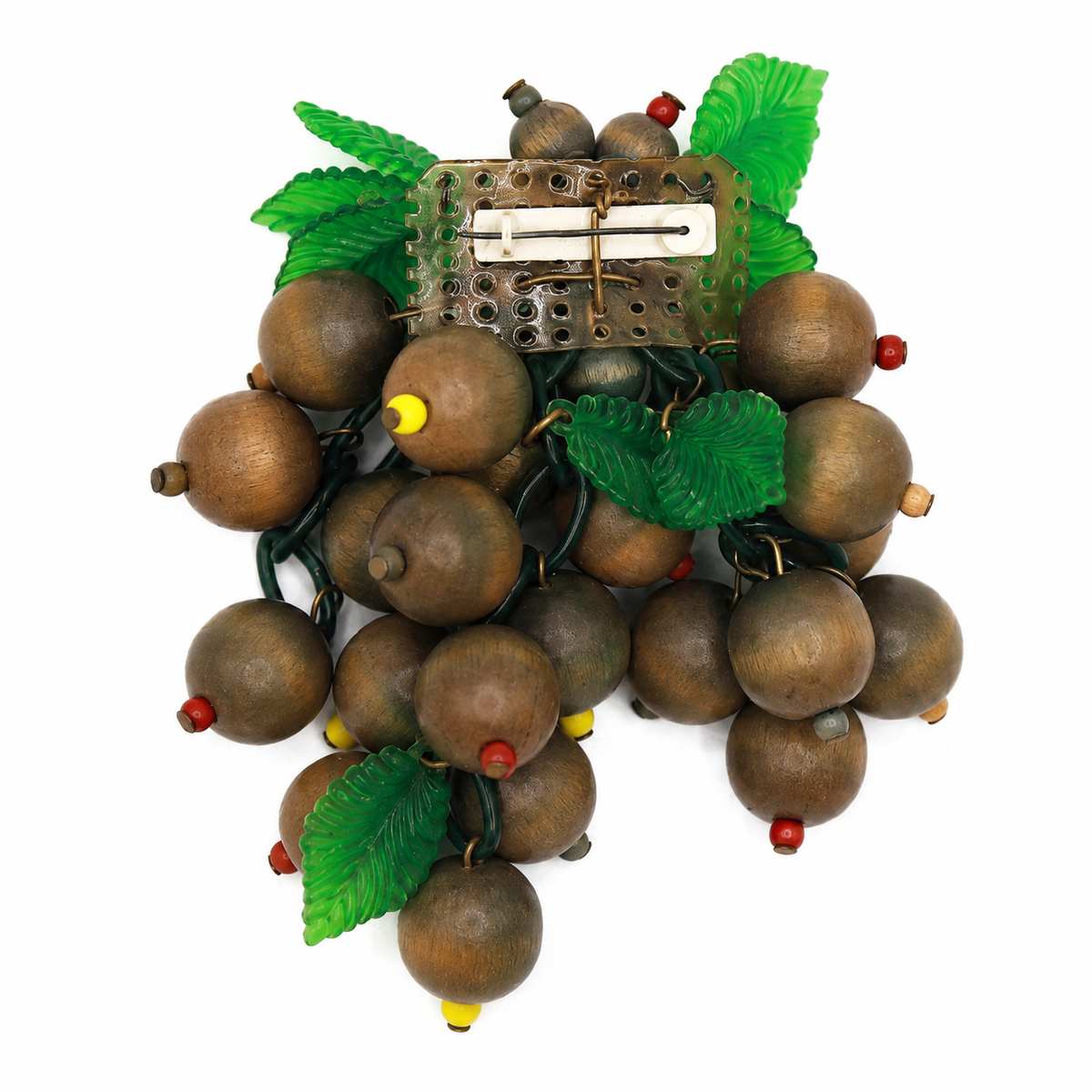 Vintage Wood Berry Cluster Statement Brooch Green Lucite Leaves