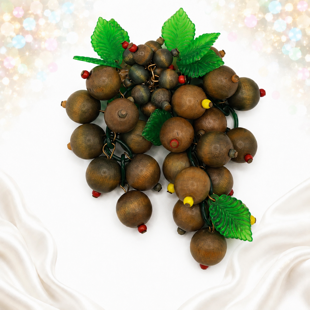 Vintage Wood Berry Cluster Statement Brooch Green Lucite Leaves