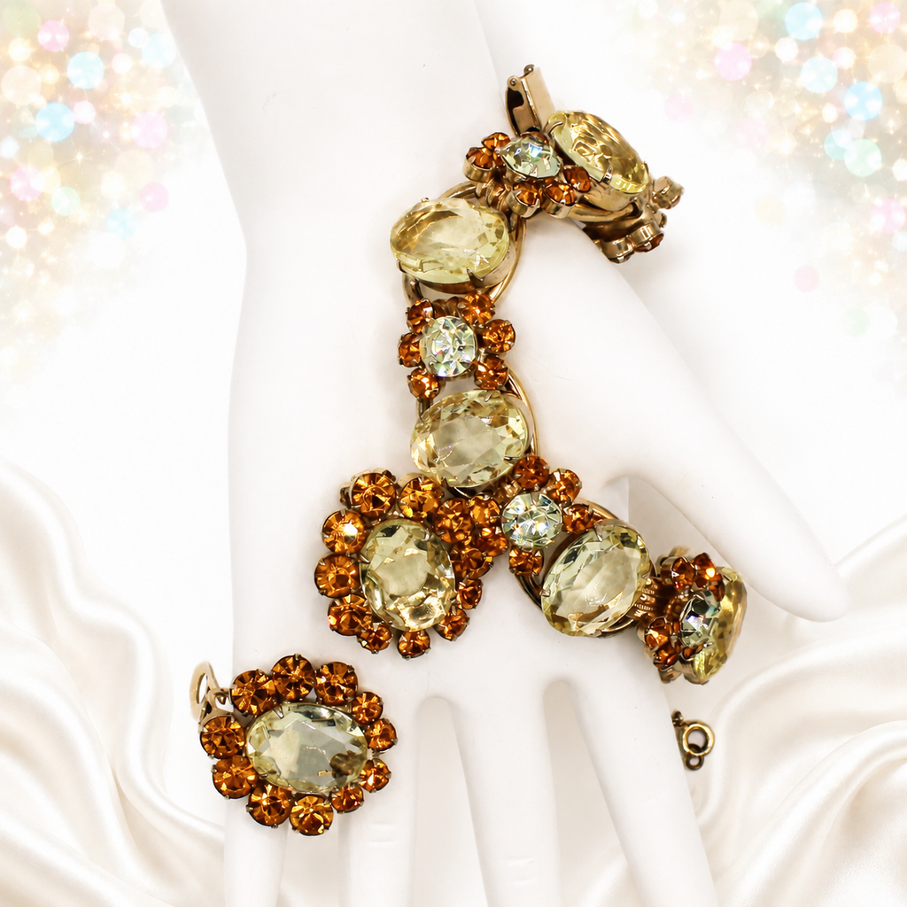 Vintage Juliana Yellow Topaz Rhinestone Bracelet Earrings Demi-Parure IIJJ#2413