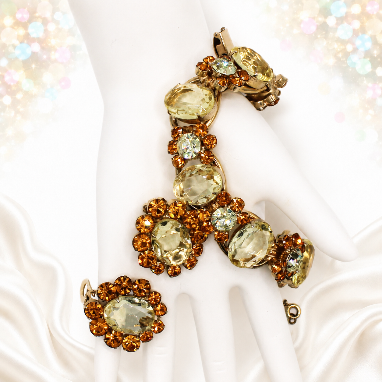 Vintage Juliana Yellow Topaz Rhinestone Bracelet Earrings Demi-Parure IIJJ#2413