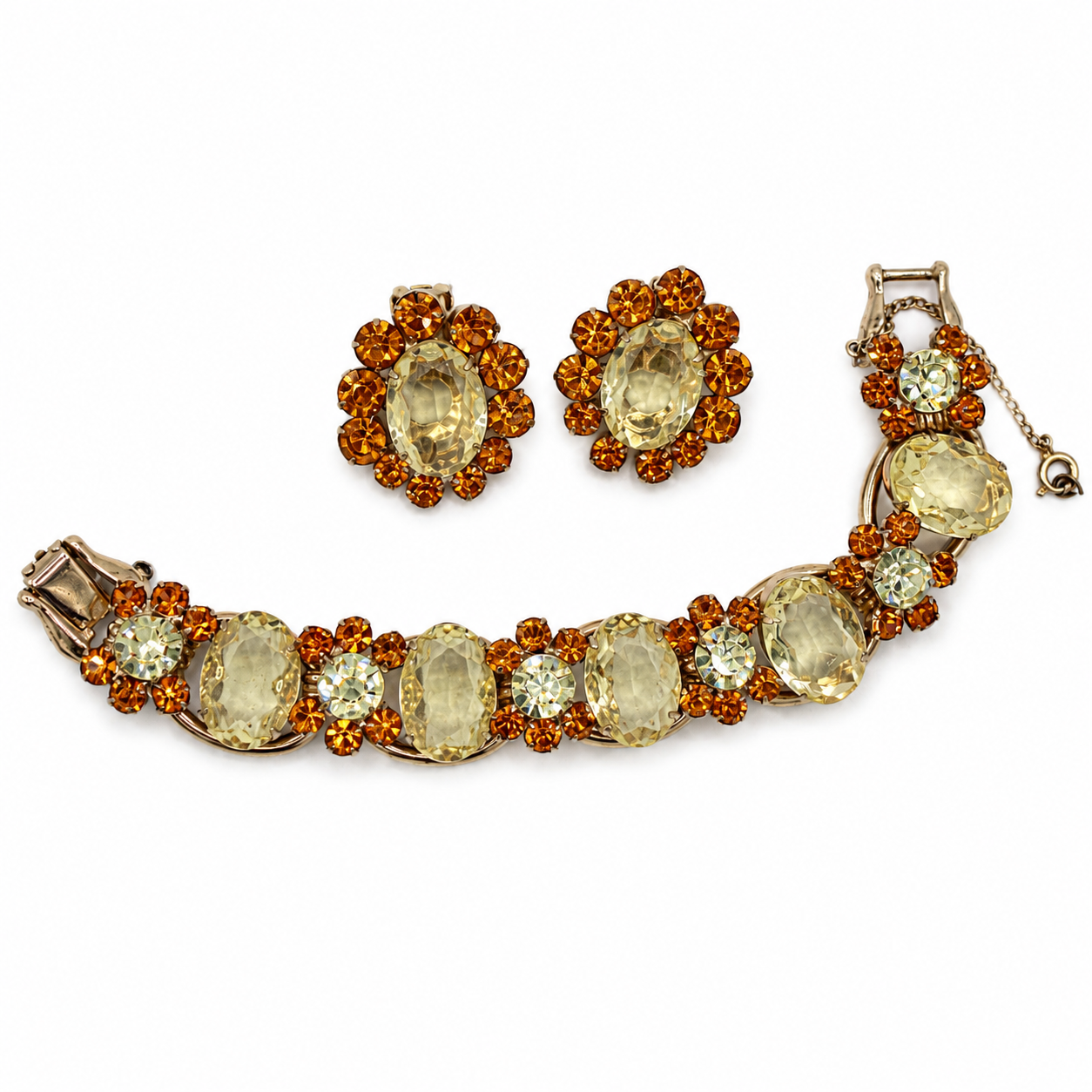 Vintage Juliana Yellow Topaz Rhinestone Bracelet Earrings Demi-Parure IIJJ#2413