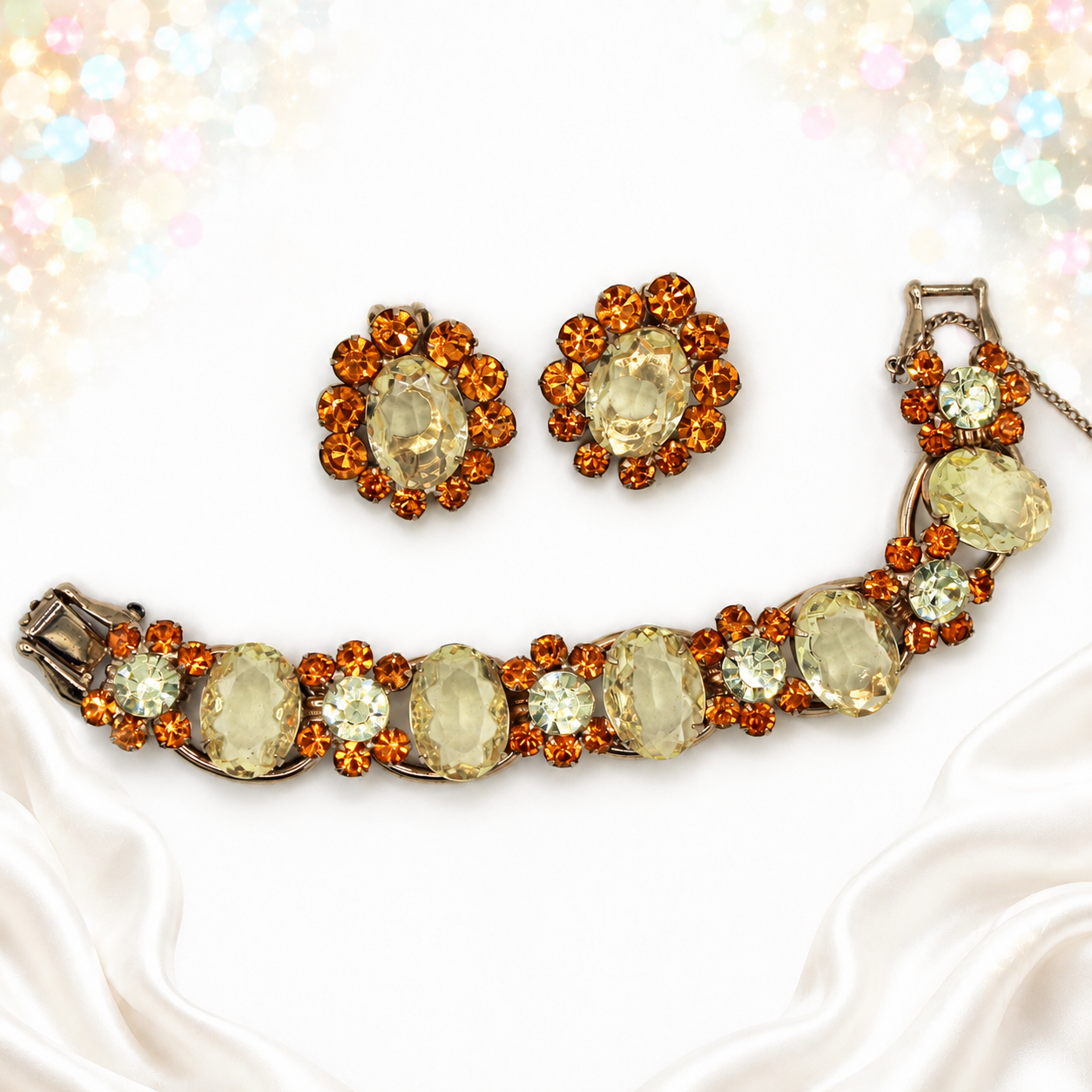 Vintage Juliana Yellow Topaz Rhinestone Bracelet Earrings Demi-Parure IIJJ#2413