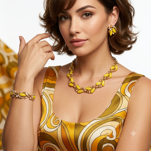 Vintage Yellow Moonglow Rhinestone Faux Pearl Necklace Bracelet Earrings Parure